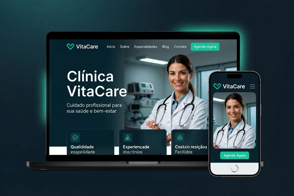 Mockup de site profissional exibido em monitor e smartphone